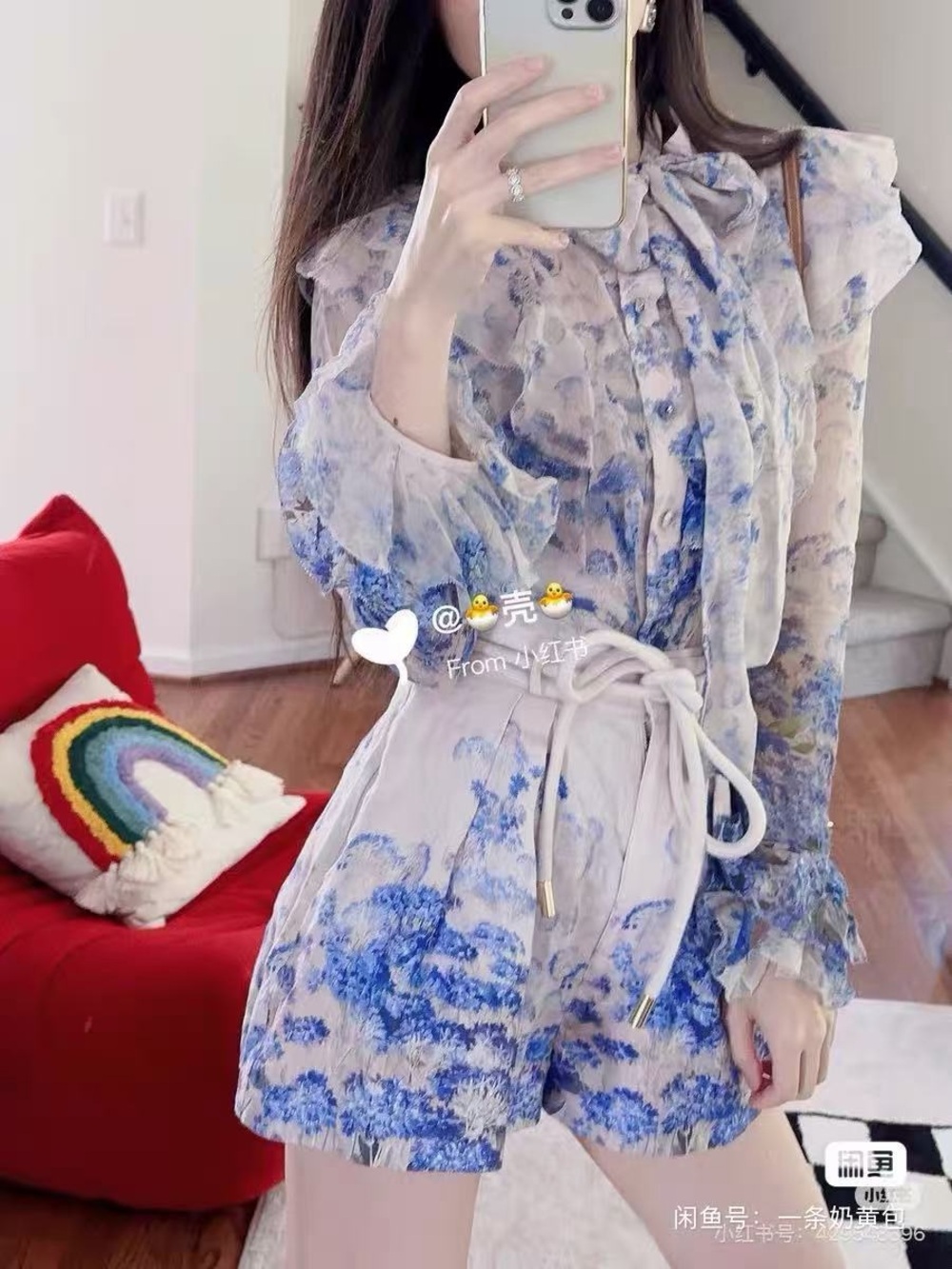 Zimmermann Blue and White Floral Tie-Neck Romper